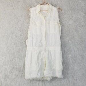 Avenu White Fringe Ellery Chambray Button Front Romper Medium